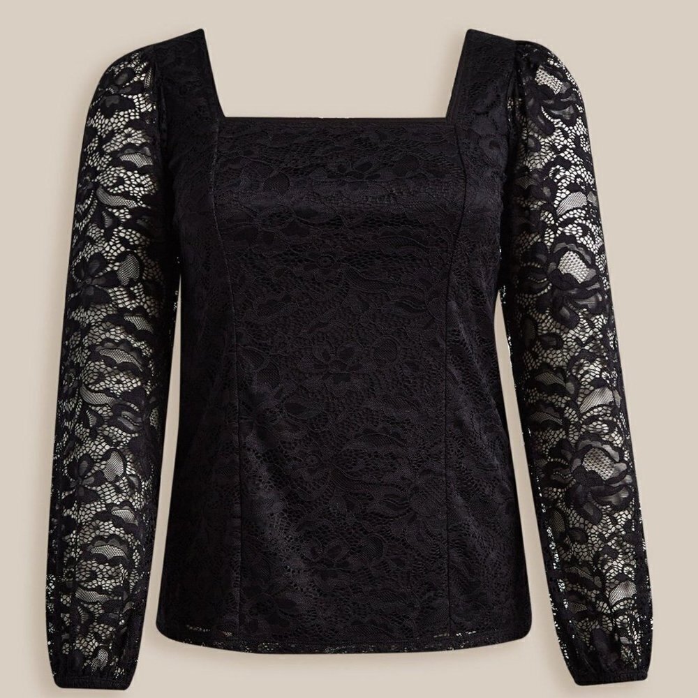 Torrid - Lace Square Neck Long Sleeve Top in Deep Black - Picture 13 of 13